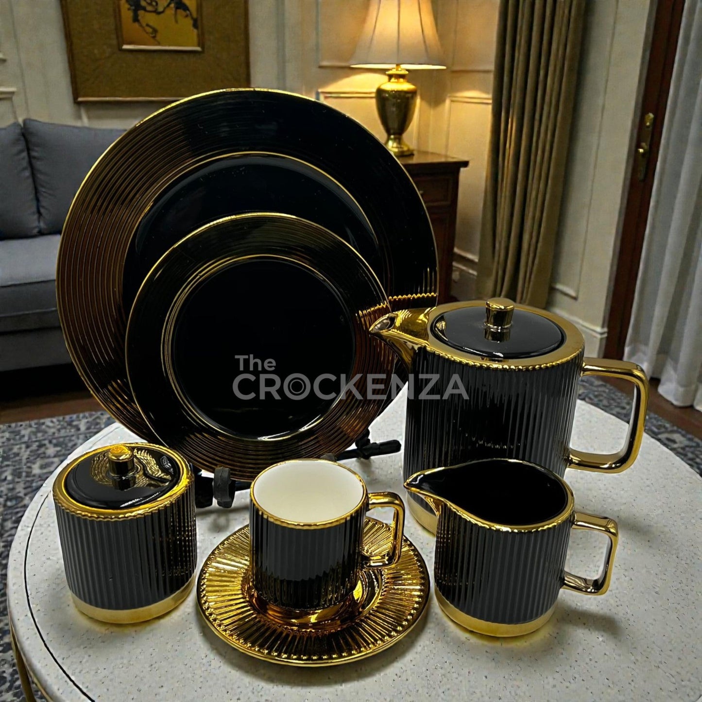 24-Piece Elite Gold-Plated Black Tea Set – Luxury Striped Porcelain Collection by The Crockenza