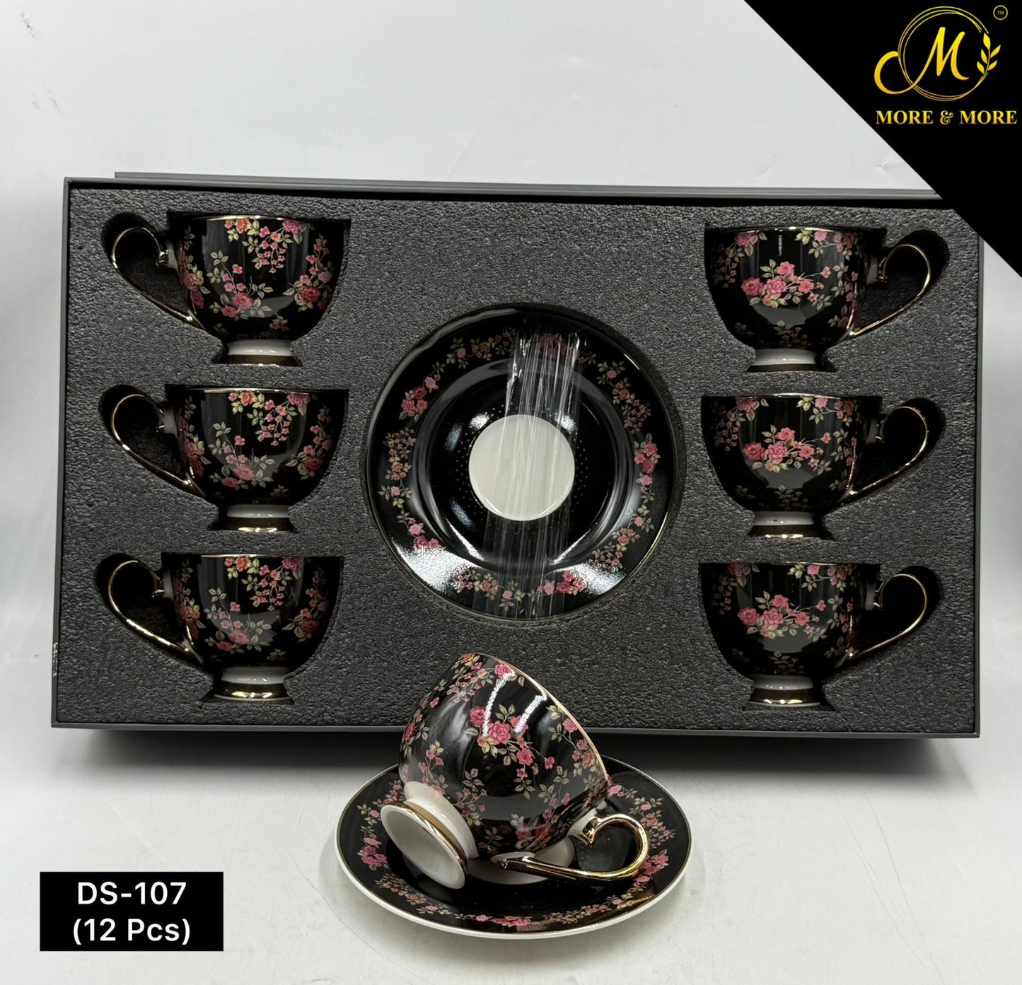 Johnson Bros Inspired 12-Piece Black Floral Cups & Saucers Set – Luxury Rose Bloom Edition