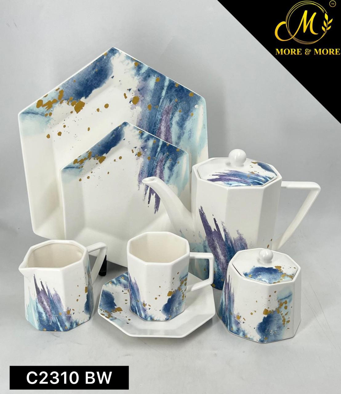 Imported Azure & Gold 24-Piece Luxury Stoneware Tea Set – Modern Watercolor Geometric Design