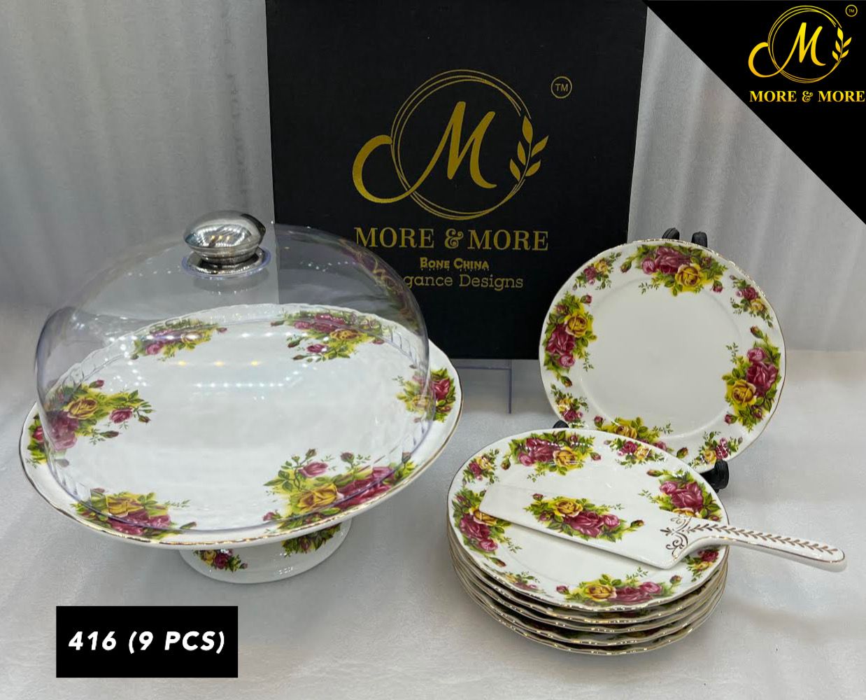 Royal Albert–Inspired 9-Pcs Bone China Cake Set | Floral Elegance with Dome