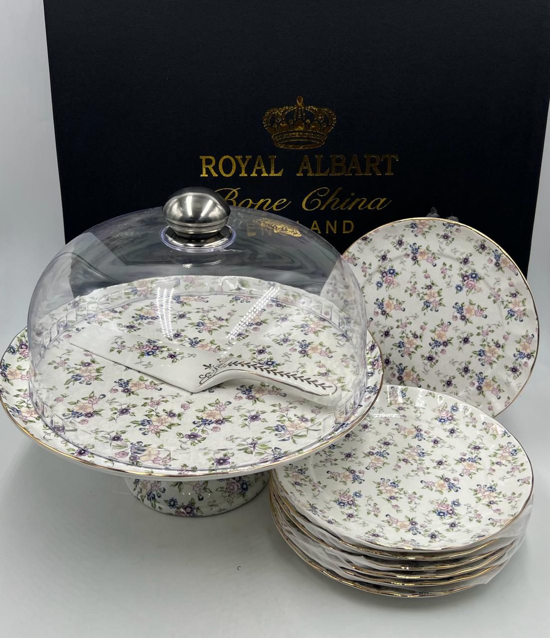 Royal Albert–Inspired 9-Pcs Bone China Cake Set | Floral Elegance with Dome