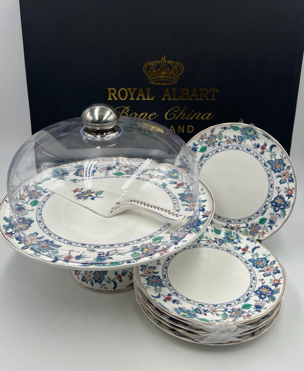 Royal Albert–Inspired 9-Pcs Bone China Cake Set | Floral Elegance with Dome