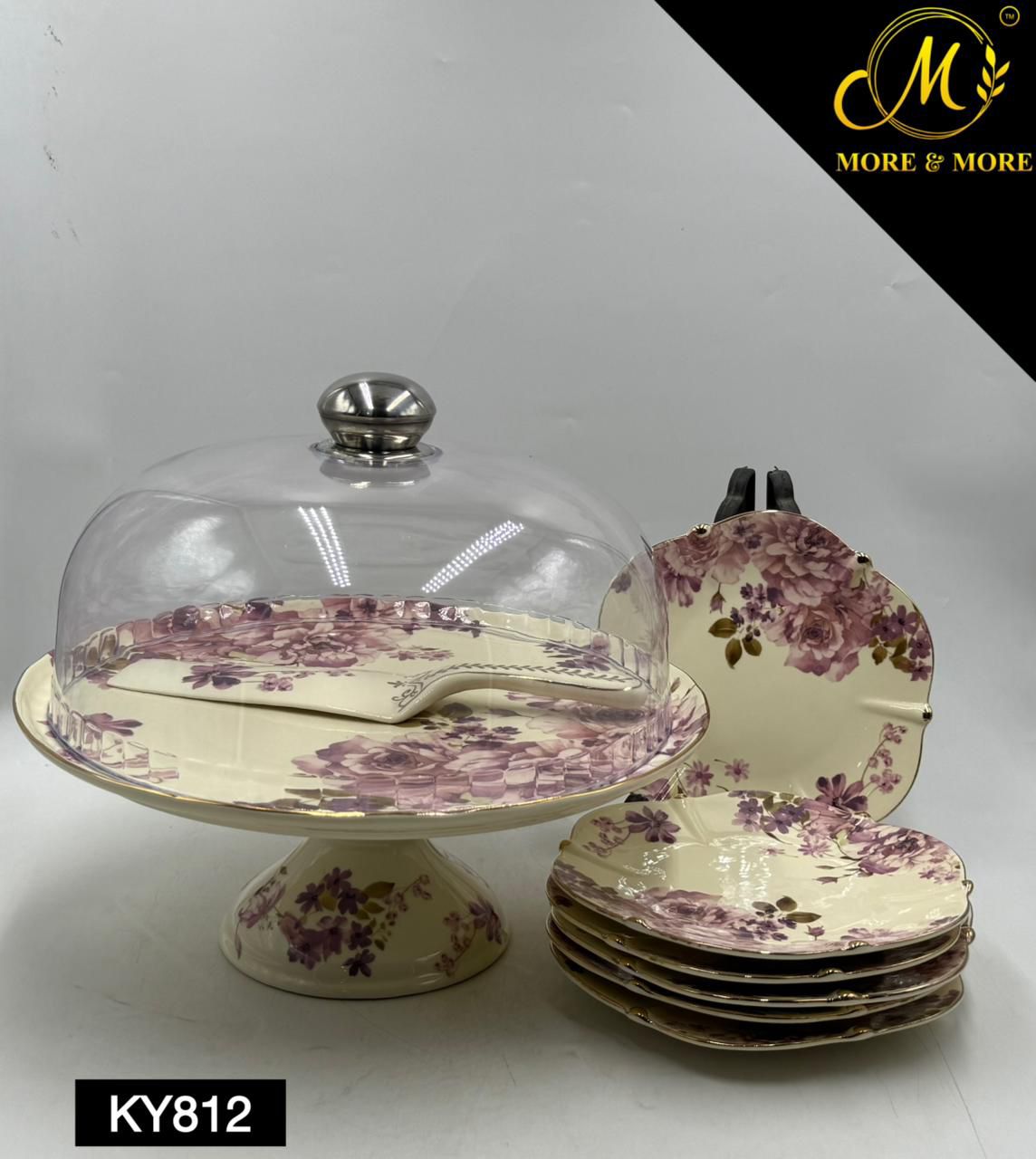 Royal Albert–Inspired 9-Pcs Bone China Cake Set | Floral Elegance with Dome