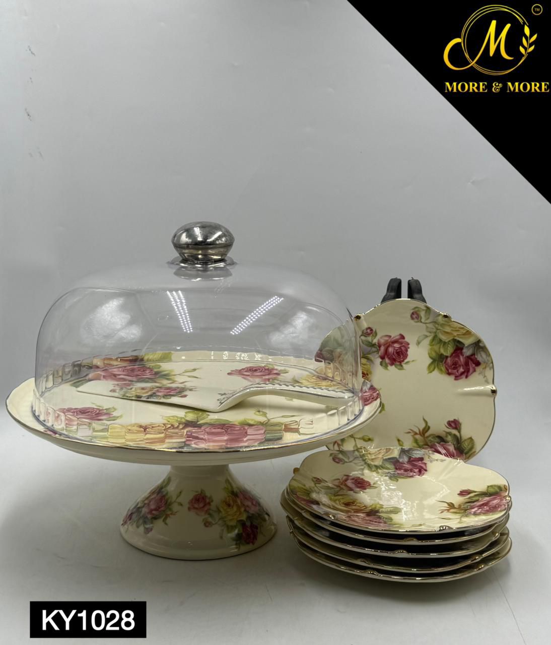 Royal Albert–Inspired 9-Pcs Bone China Cake Set | Floral Elegance with Dome
