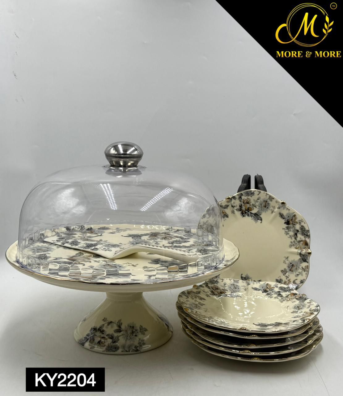 Royal Albert–Inspired 9-Pcs Bone China Cake Set | Floral Elegance with Dome