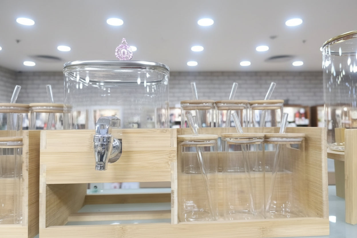 Echou GoldenDeer Glass Dispenser Set with Wooden Stand & 6 Sippers