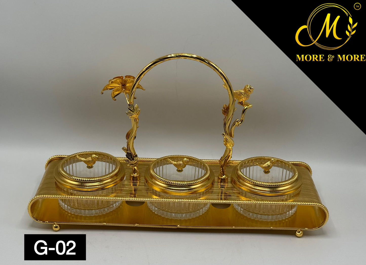 Luxury 3-Partition Dry Fruit Serving Tray with Glass Bowls & Golden Handle