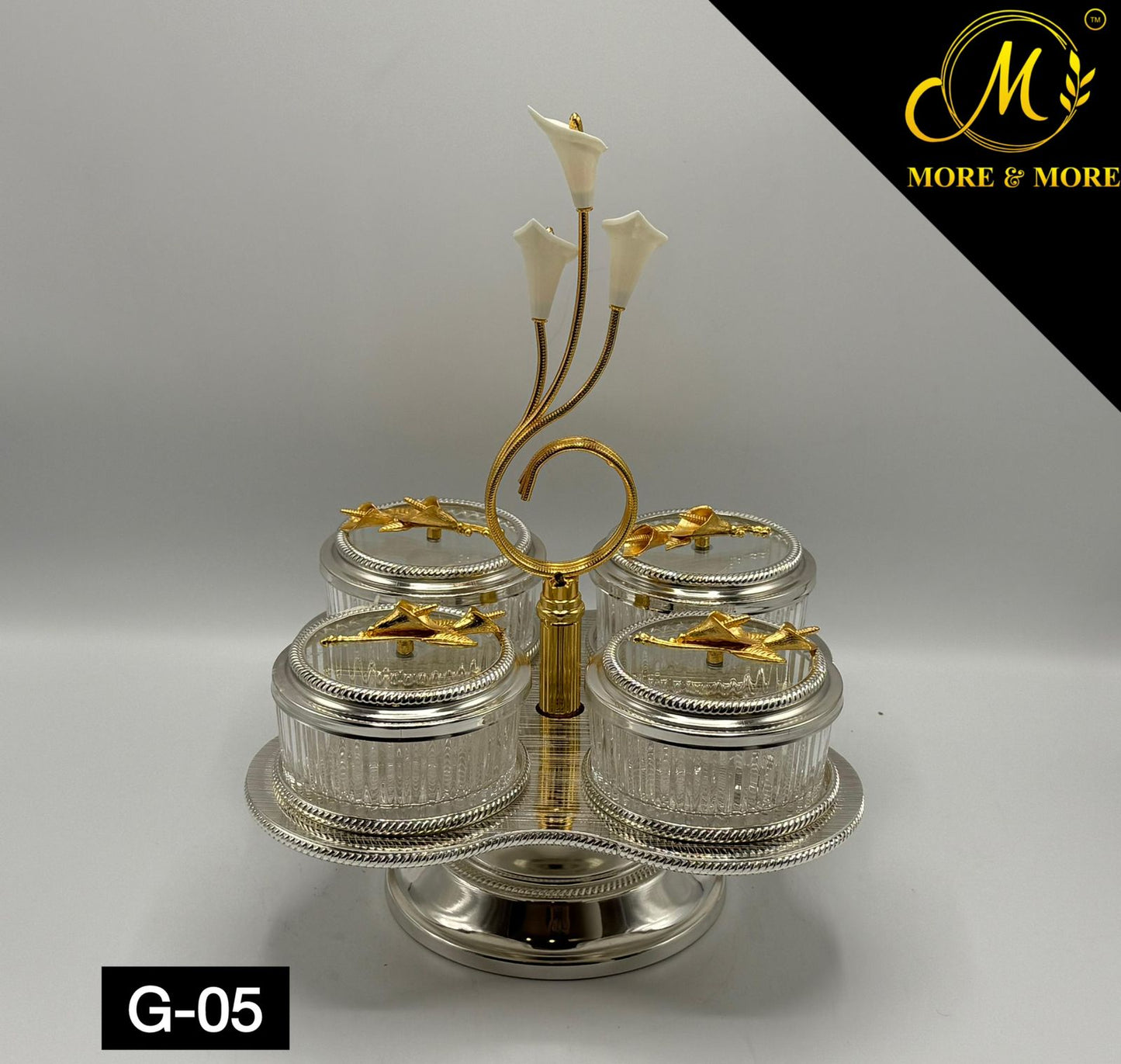Luxury 4-Partition Dry Fruit Serving Set with Stand – Glass Bowls & Golden Holder