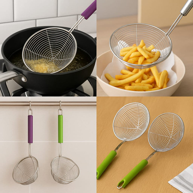 Stainless Steel Deep Fryer Colander – Oil Strainer & Kitchen Skimmer (Large)