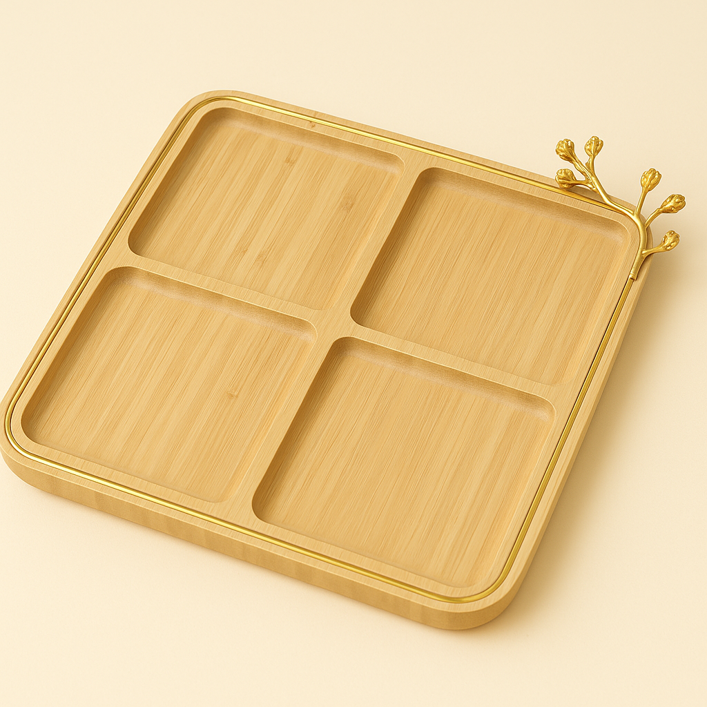 Square Bamboo Divided Tray with Golden Accent