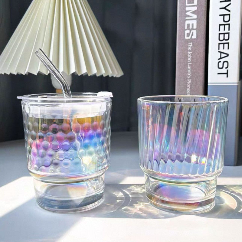 Rainbow Glass Coffee Cup – 350ml with Lid & Straw (Each)