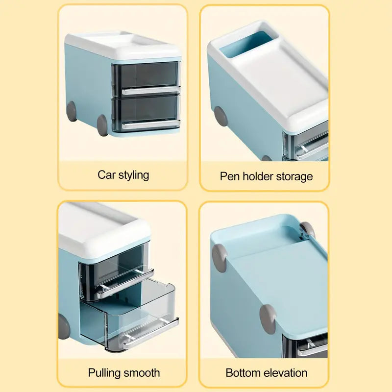 Cute Bus Style Desktop Organizer, 2 Layer Pull Out Clear Drawer Box, Multifunctional Supplies Stationery Pencil Container, Large Capacity Visible Storage Organizer, Dresser And Home Sundries Storage Holder