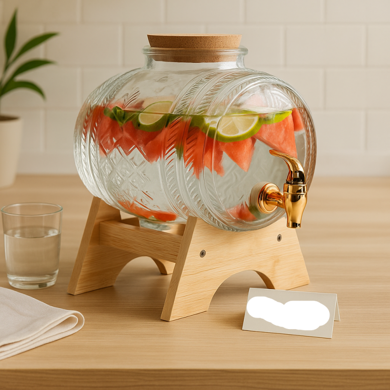 Barrel Shape Glass Water Dispenser with Bamboo Stand