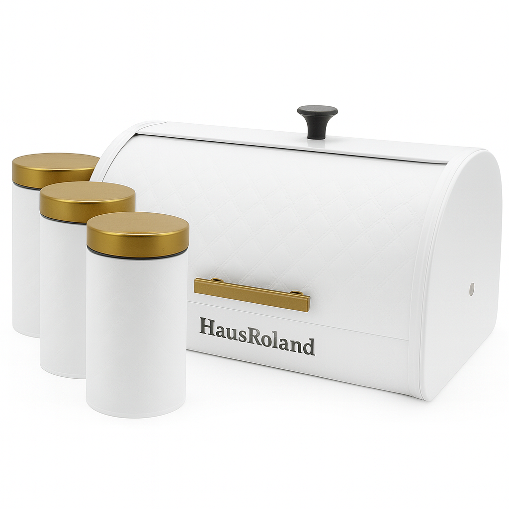 HausRoland Luxe Quilted Bread Bin & Canister Set – White & Gold
