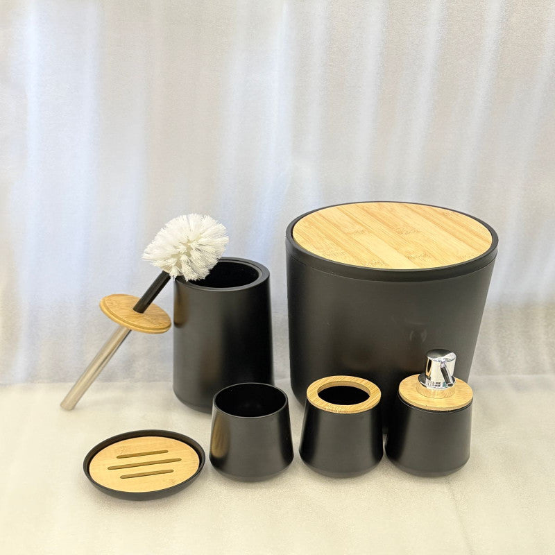 Luxury Black & Bamboo 6-Piece Bathroom Accessories Set | Modern Bathroom Organizer & Decor
