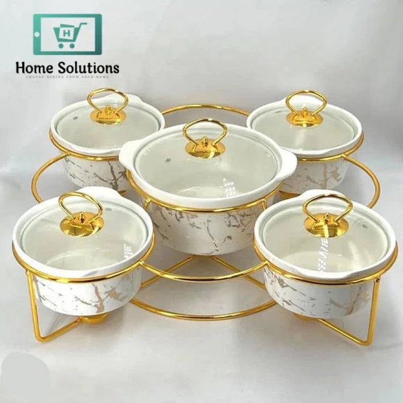5-Piece Round Ceramic Chafing Dish Set – Marble Finish Warmers