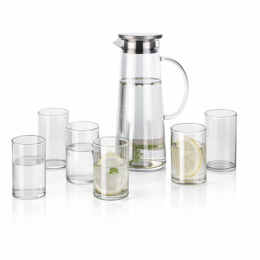 8-Piece Glass Water Set with Jug, Lid & glasses – Modern Everyday Serving Set