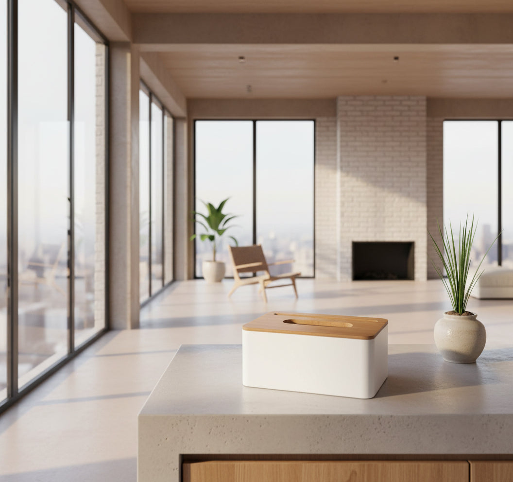 Modern Tissue Box with Bamboo Lid & Phone Holder