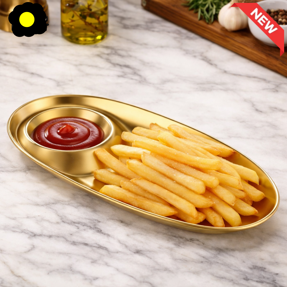 DUAL-COMPARTMENT GOLD SNACK TRAY – STAINLESS STEEL FRIES & DIP SERVING PLATE