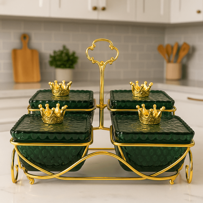 Luxury Green Crown 4-Piece Glass Condiment Set with Golden Stand | Elegant Tabletop Spice & Sauce Organizer