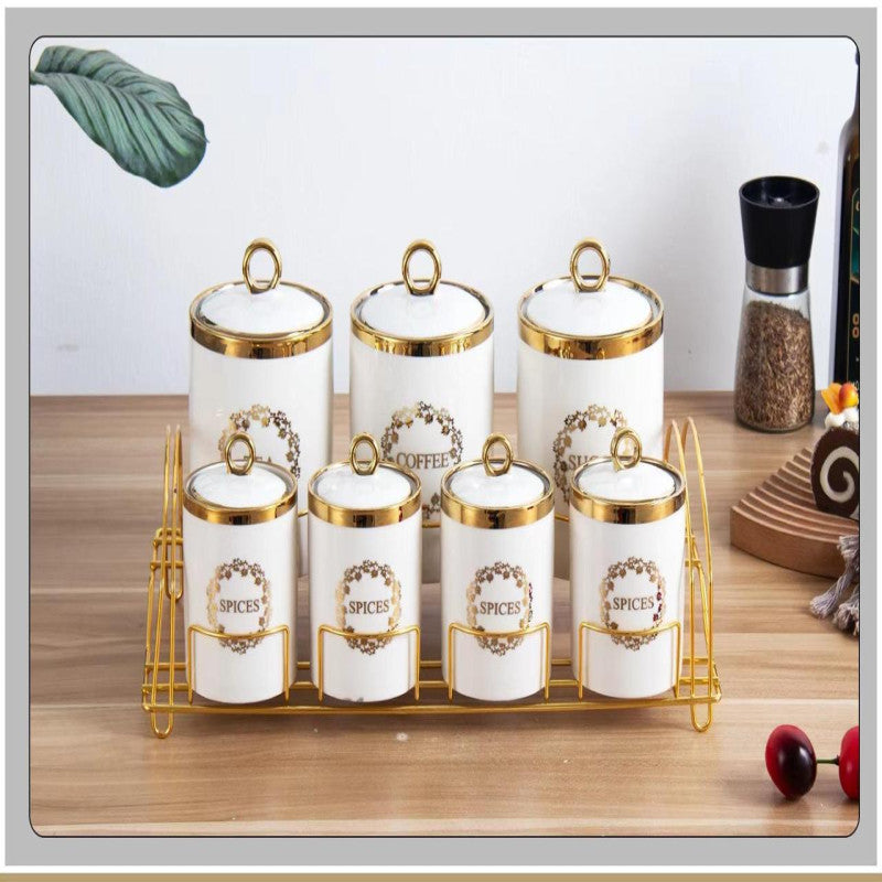 7 Pcs Canister Set with Stand – Stylish Kitchen Storage Jars for Tea, Sugar, Coffee, Spices