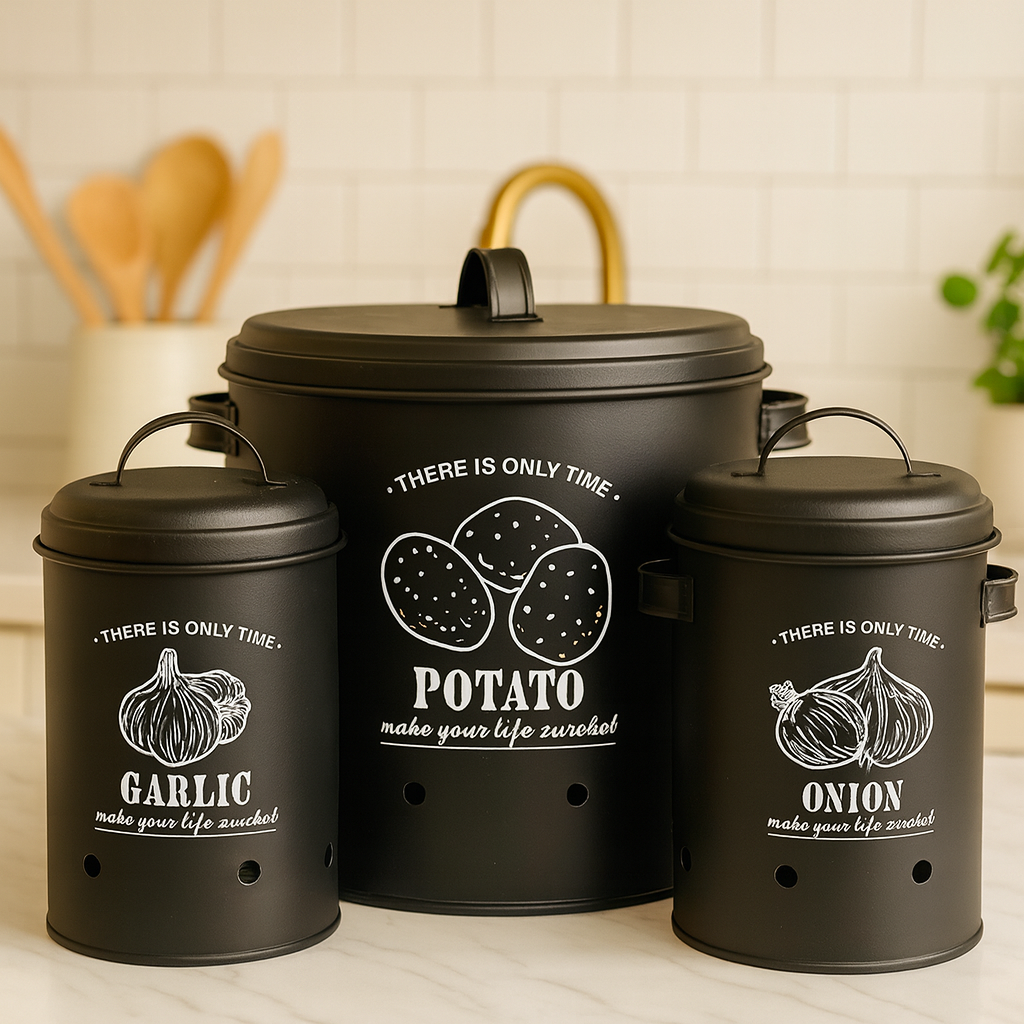 Luxury Black Kitchen Canister Set – Potato, Onion & Garlic