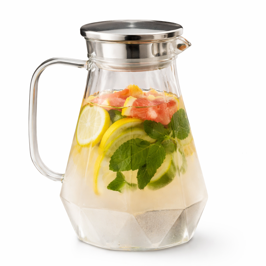 Clear Glass Water Jug with Stainless Steel Lid – Elegant Everyday Serving Pitcher