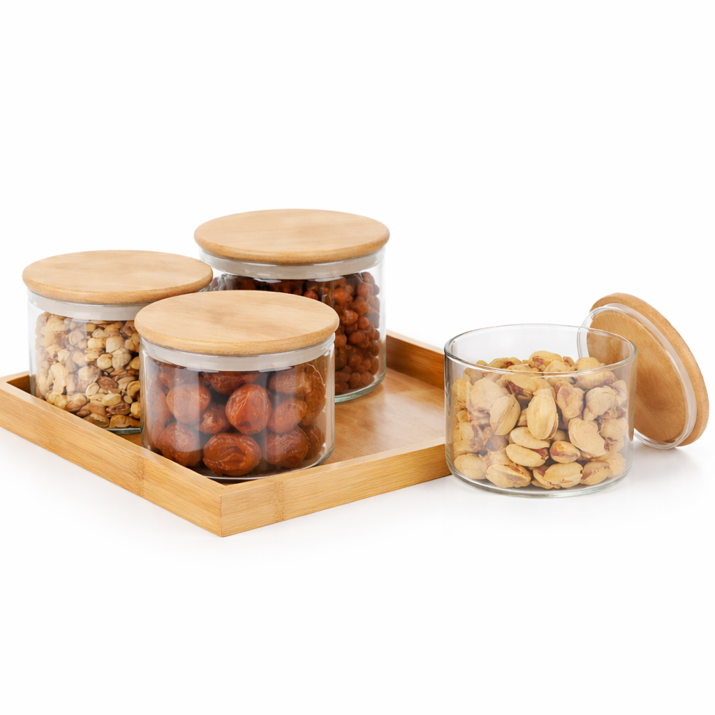 5Pcs Jar Set (Normal Lid) – Glass Storage Jars with Bamboo Lids & Tray