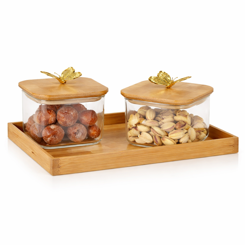 3Pcs Glass Storage Jar Set with Decorative Butterfly Bamboo Lids & Wooden Tray – Premium Dry Fruit Organizer