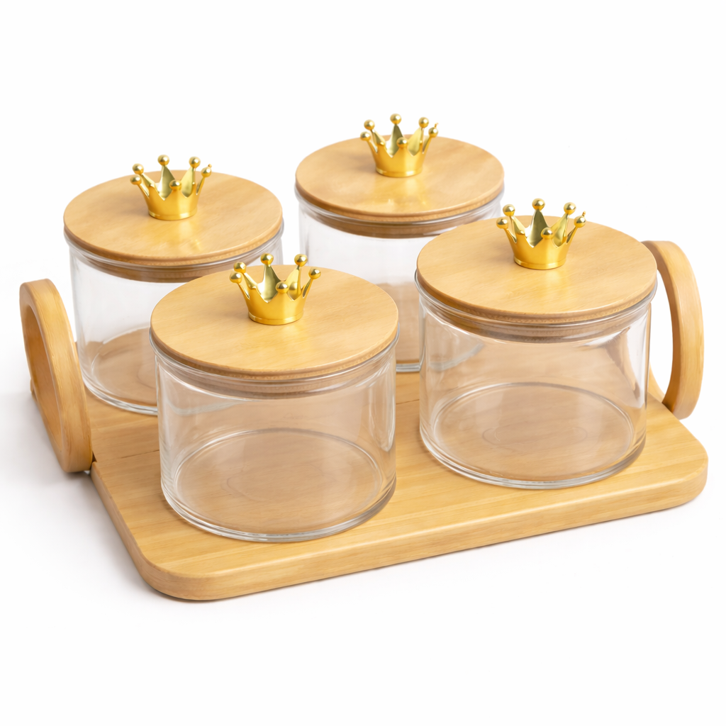 5Pcs Glass Storage Jar Set with Crown Knobs & Bamboo Tray
