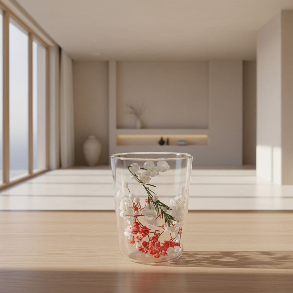 Clear glass with floral design on a wooden surface in a minimalistic room.