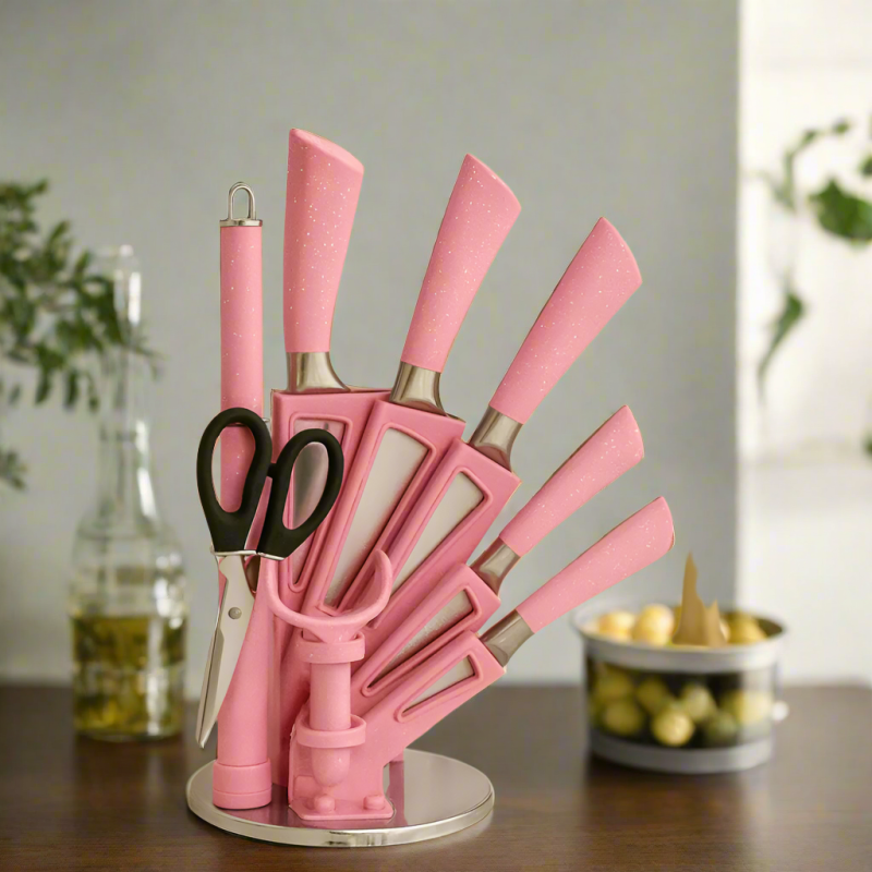 Luxury Pink Cutlery Knife Set – 8-Piece with Holder | Rust-Proof Kitchen Knives
