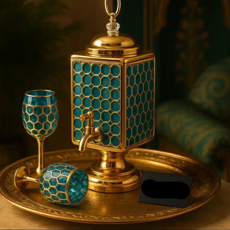 Luxury Turquoise & Gold Beverage Dispenser Set – 7-Piece Premium Drinkware