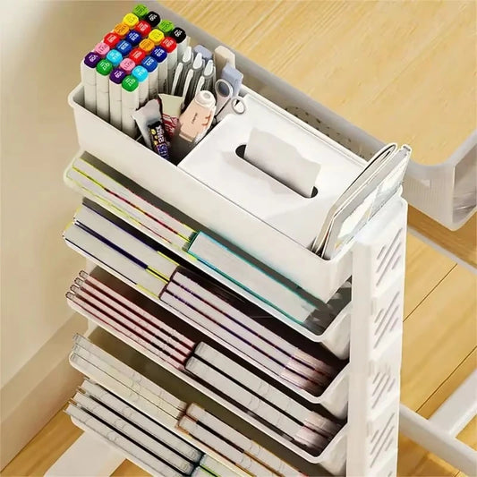 1pc Movable Bookshelf with Wheels Plastic Multilayer Capacity Desk Organizer Table Side Storage Basket Cart for School Classroom Home (6 Layer)