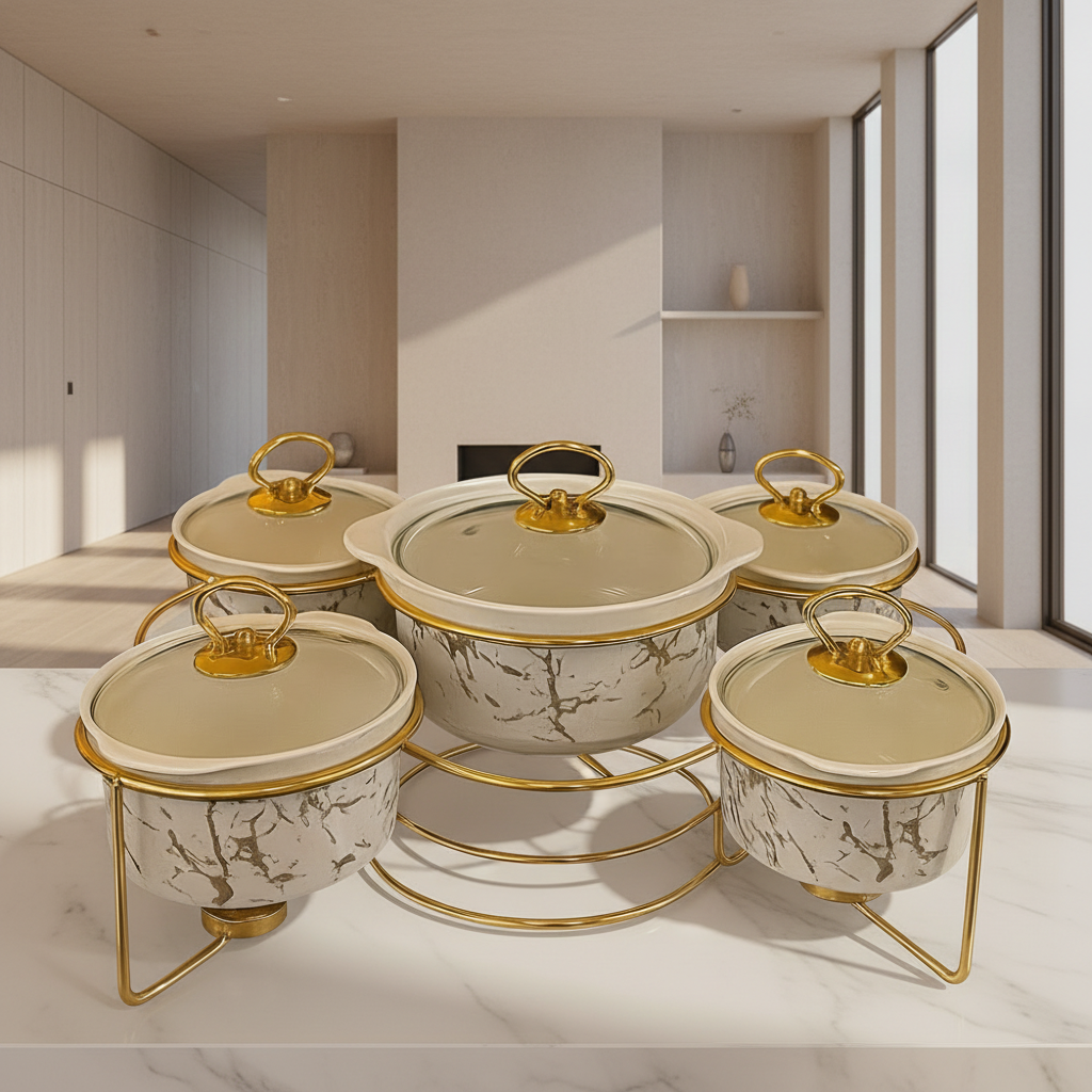 Marble Ceramic 5-Piece Round Warmer Set – Glass Lids with Gold Frame