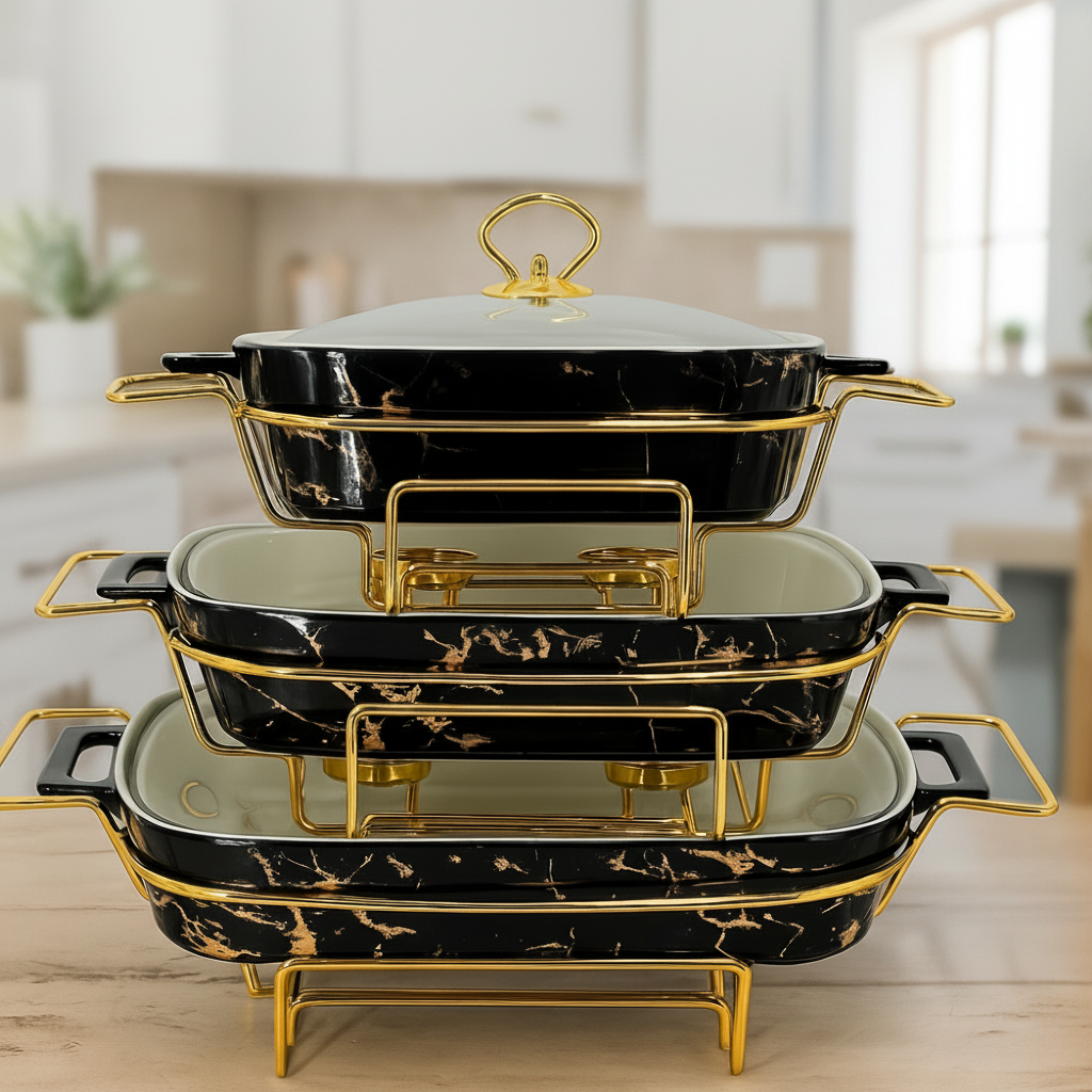 Premium Marble Ceramic Casserole Set with Gold Stand – Buffet & Dining Server, Black Marble