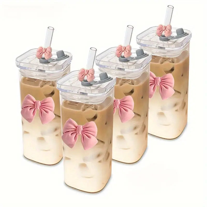 Clear Bow Glass with Lid & Straw – Stylish Drinking Cup for Juices & Smoothies | Adornia.pk