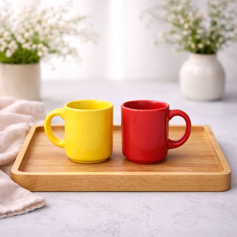 Set of 2 Mini Ceramic Coffee Mugs Yellow & Red Cups | Modern Tea & Coffee Mug Set