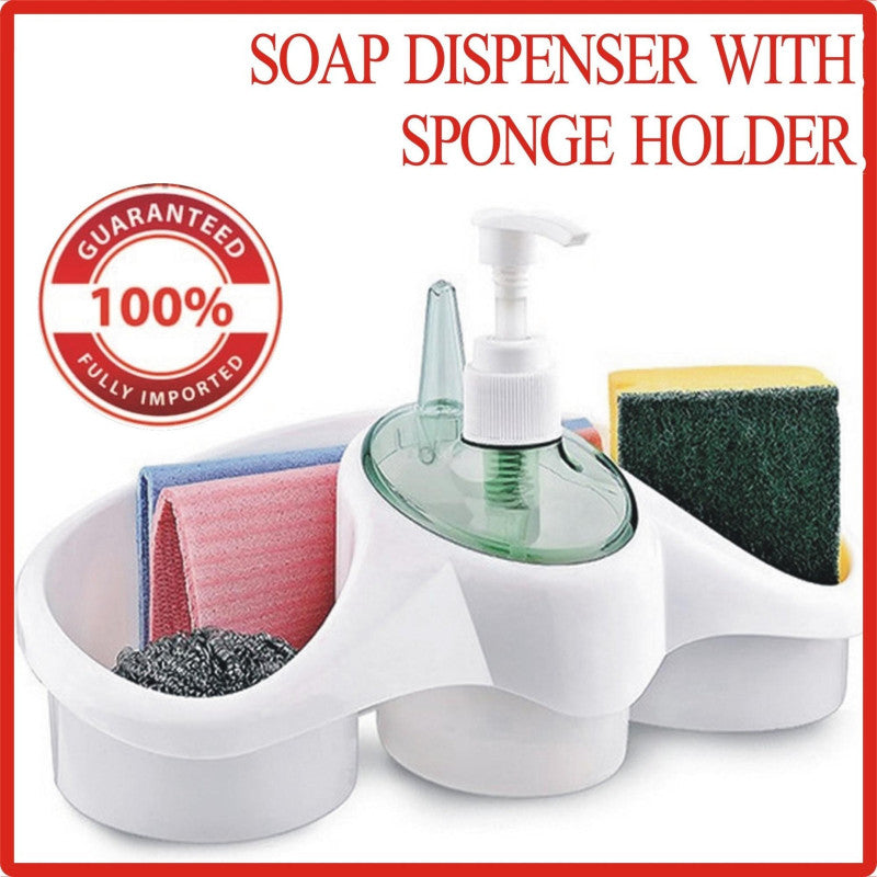 2-in-1 Liquid Soap Dispenser with Sponge Holder | Kitchen Sink Caddy Organizer for Dishwashing & Cleaning