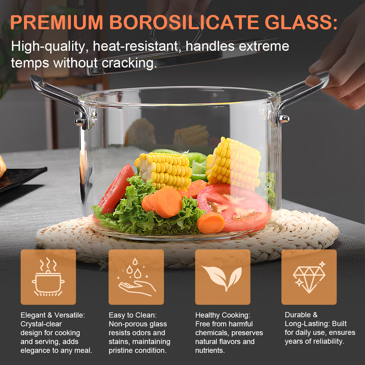 High Bayon Glass Stainless Steel Handle Double Ear Glass Pot 2.5L Heat Resistant