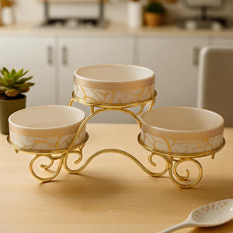 Elegant Luxurious 3-Tier Ceramic Serving Bowl With Gold Stand