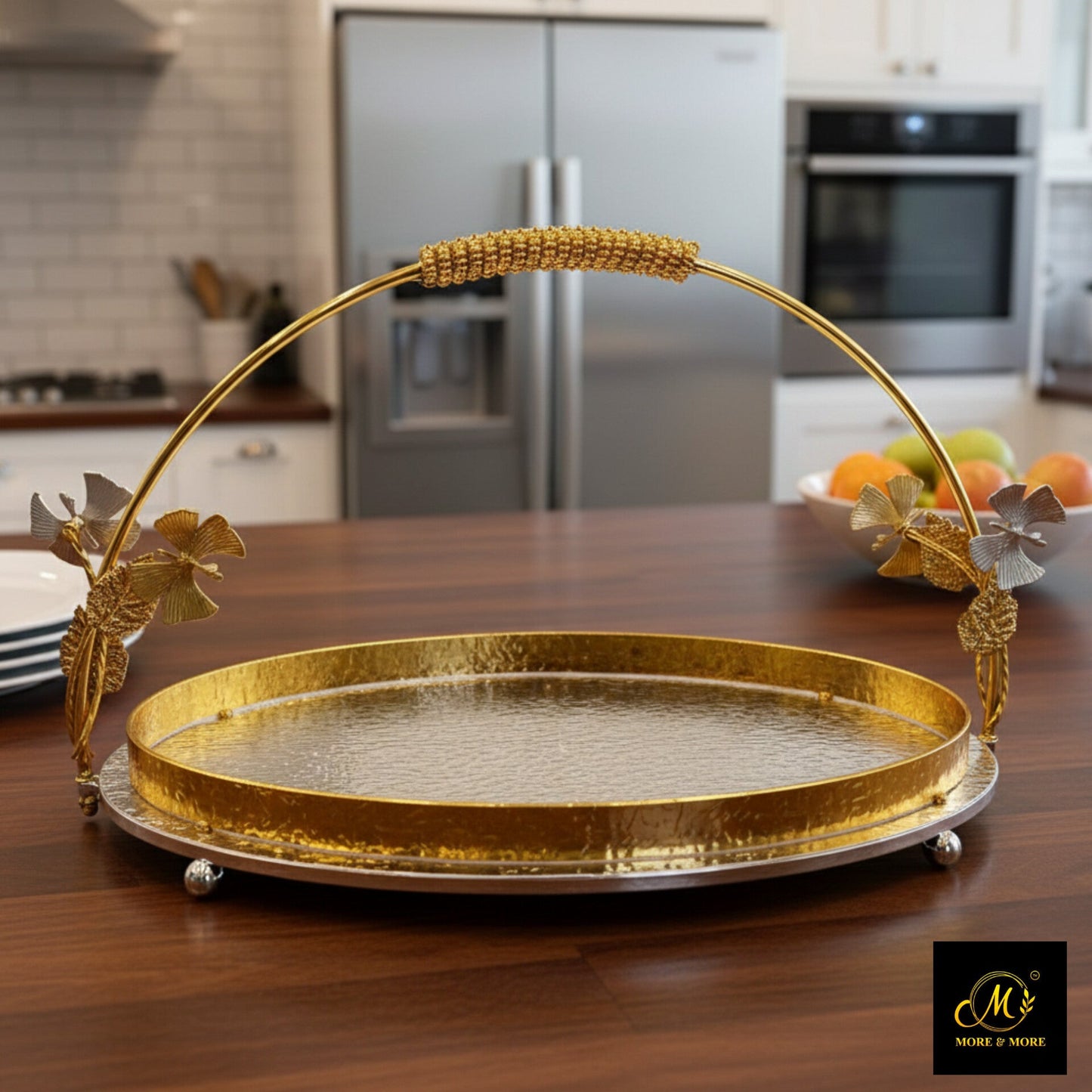 Luxury Golden Silver Platter with Butterfly Handle