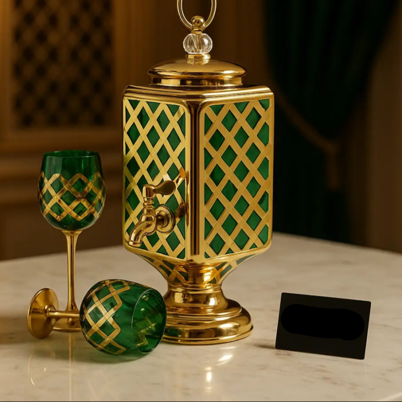 Royal Emerald Gold Beverage Dispenser Set – Luxury Crystal Glass & 6 Matching Goblets