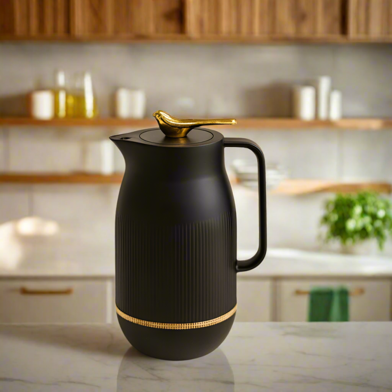 Luxury Black 1L Vacuum Insulated Thermal Kettle | Gold Bird Handle Coffee & Tea Flask for Elegant Dining