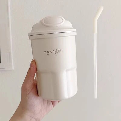 600ml Cute Korean Coffee Cup Thermos With Straw
