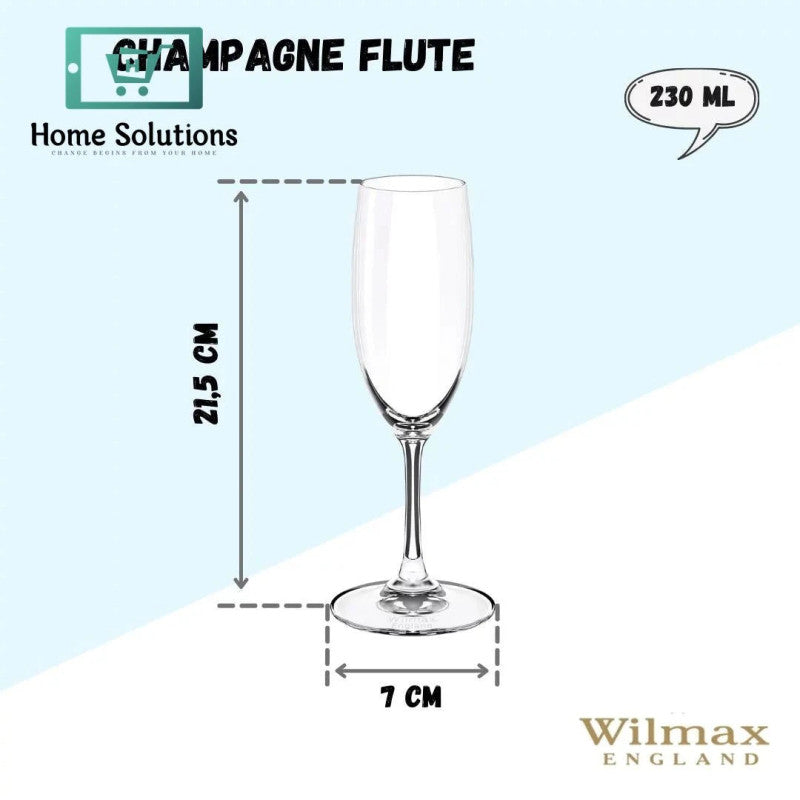 Wilmax Champagne Flute Glass – 230 ml | Set of 6 Elegant Crystal Glasses