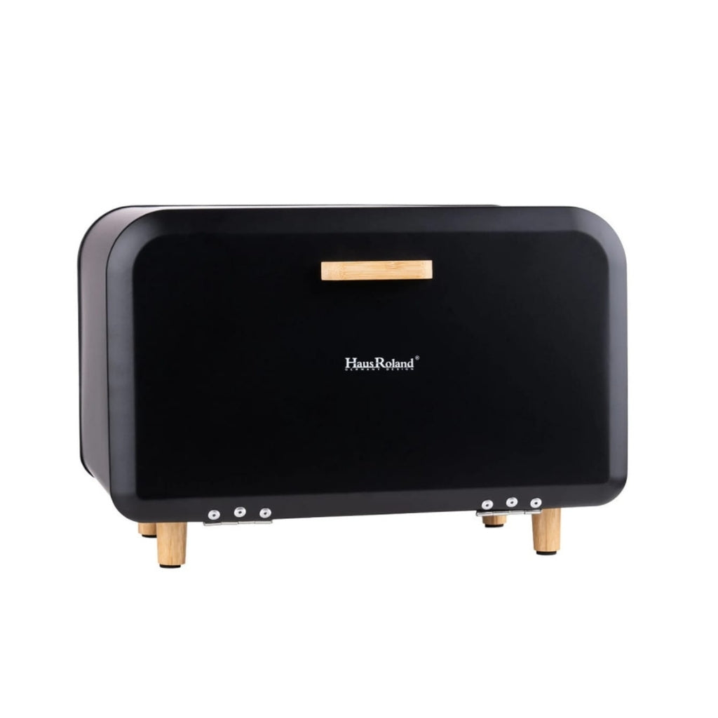 HausRoland Bread Box with Wooden Legs and Handle - Black