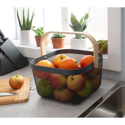 Modern Metal Mesh Fruit Basket with Wooden Handle – Stylish Kitchen Counter Storage for Fruits and Vegetables | Adornia.pk