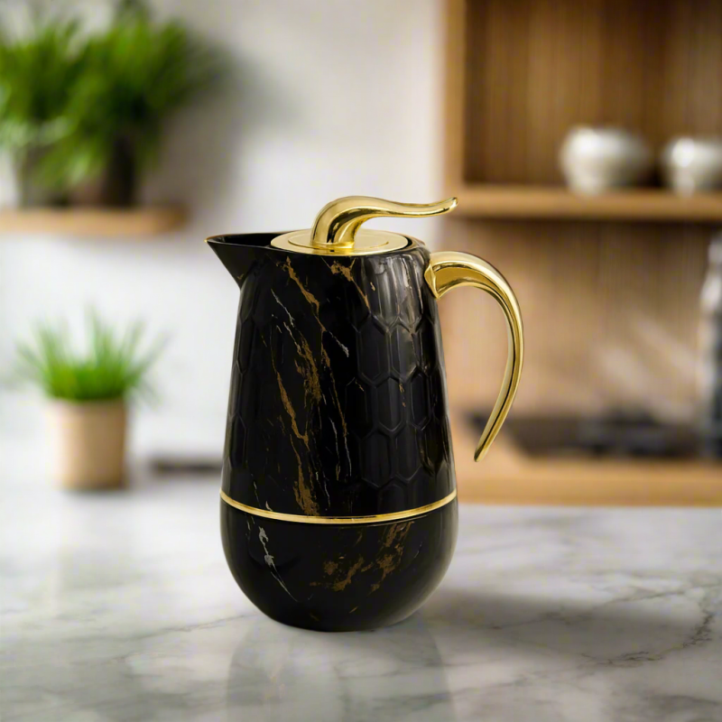 Black Marble Thermal Carafe 1L | Insulated Coffee & Tea Flask with Gold Handle and Trim
