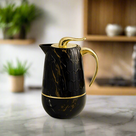 Black Marble Thermal Carafe 1L | Insulated Coffee & Tea Flask with Gold Handle and Trim